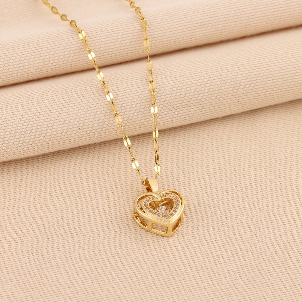 Double-layer Love Necklace With Rhinestones Titanium Steel Pendant Fashion Jewelry Woman Valentines Day Gift - Image 4